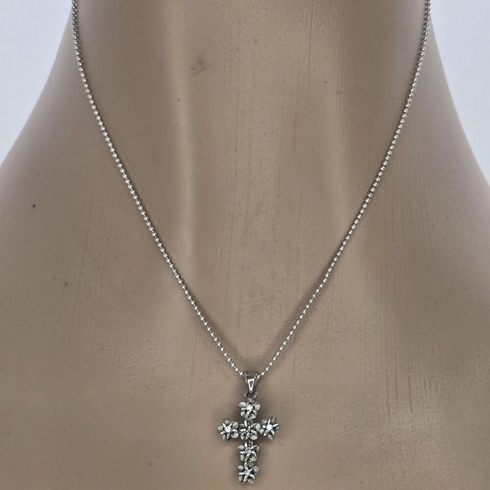 Hawaiian Plumeria Flower Cross Pendant Ball Chain Silver 925 Set Vintage Gothic